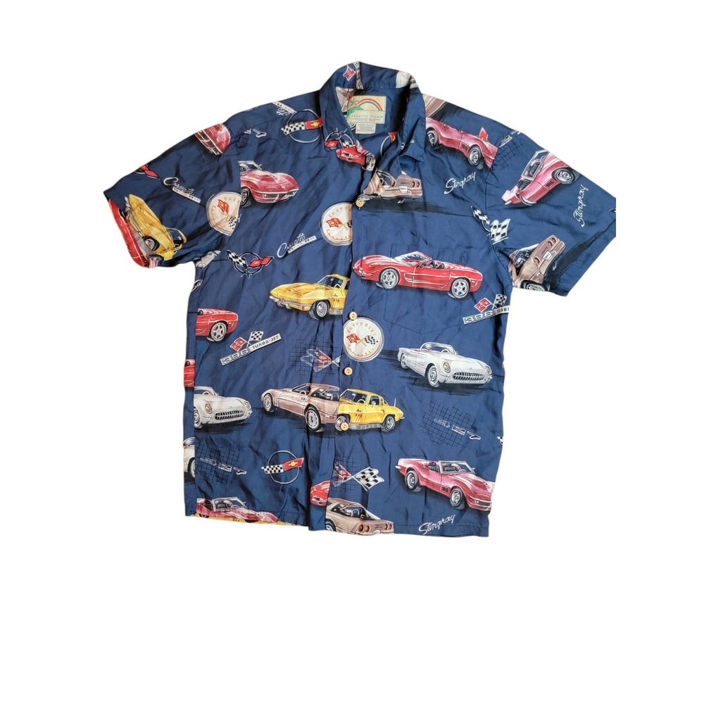 Paradise Found Corvette Hawaiian Shirt Mens L‎ Navy Blue Excellent GM Stingray - Picture 2 of 8
